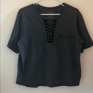 A gray “fearless” t-shirt